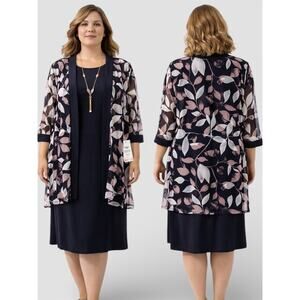 R&M Richards 2-Piece Dress Set Navy Mauve Floral Sheer Jacket Size 4P New